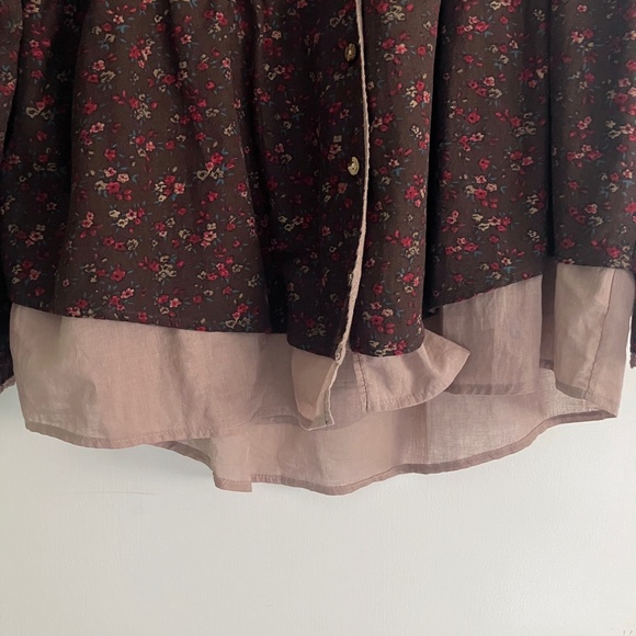Brown & Rose Floral Button Up Layered Shirt Blouse Top lace BOHO cotton size L - Picture 5 of 6